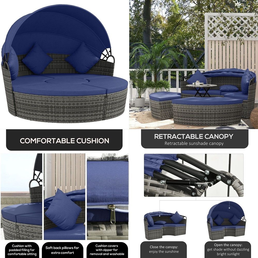 Outdoor Daybed Furniture - 4 Piece Round Rattan Daybed, Convertible