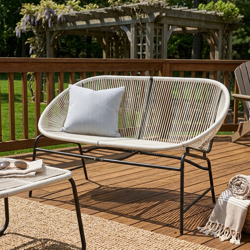 White Wicker Love Seat with Ir - đánh giá và giá Outdoor Furniture Iron